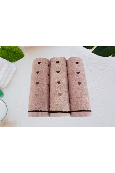 Lucy and Home 100% Cotton Heart Embroidered, Heart 3-Piece Towel Set 30x50cm