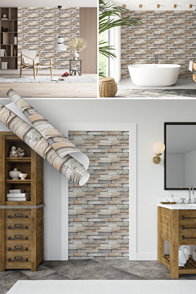 Dekoros Gri Taş Desenli Yapışkanlı Folyo, Tuğla Görünümlü, Dekoratif Yapışkan...