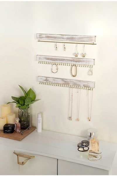 viveres Set of 3 White Color Wooden Jewelry Organizer Necklace Bracelet Watch Glasses Wall Hanger Organizer