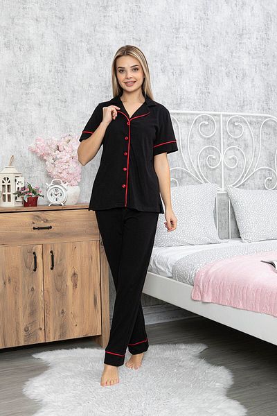 MyBen Set de pijamale pentru femei, cu dungi roșii, din bumbac, culoare neagră, sezon nou 70012
