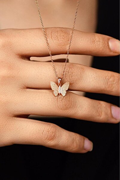 Roza Silver Zirkon Taşlı Rose Kabartmalı Kelebek Gümüş Kolye