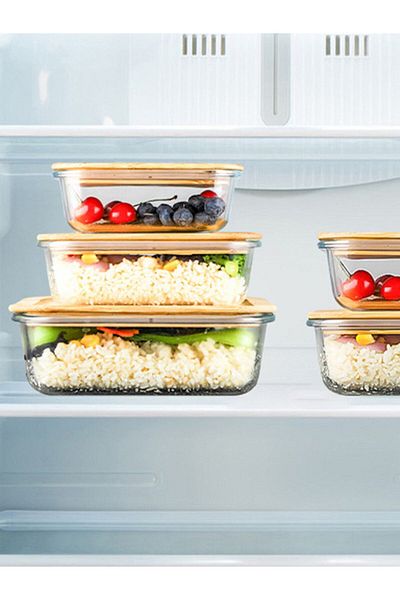 Senin Dükkanın 3-Piece Rectangular Vacuum Bowl Glass Storage Container with Bamboo Lid (640-1000-1500 ML)