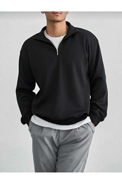 Genel Markalar Unisex Yarım Fermuarlı Yakalı Siyah Sweatshırt Kazak