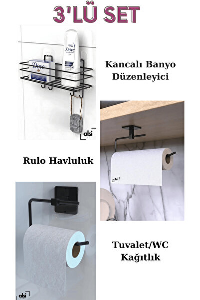 ALSİ HOME Yapışkanlı 3 lü Banyo Rafı Şampuanlık Askısı Wc Tuvalet Kağıtlık Ru...