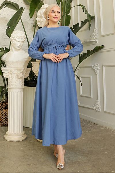 Bestenur Rochie Hijab cu mânecă liliac cu talie elastică Dorf 228 - Albastru