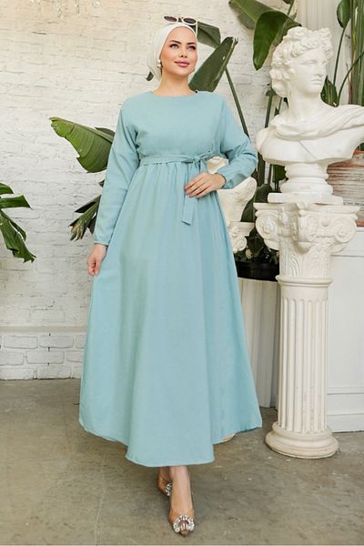 Bestenur Μανίκι νυχτερίδας με ελαστική μέση Dorf Belted Hijab φόρεμα 228 - Çağ Yeşil