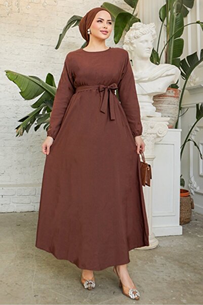 Bestenur Yarasa Kol Beli Lastikli Dorf Kuşaklı Tesettür Elbise 228 - Kahve
