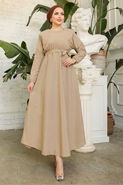Bestenur Φόρεμα με λάστιχο στη μέση και ζώνη Dorf Hijab 228 - Πέτρα