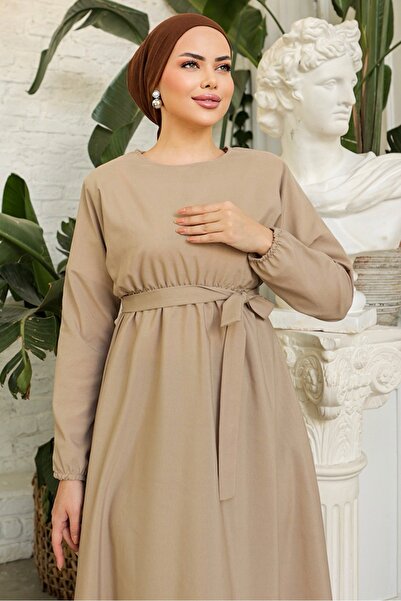 Bestenur Φόρεμα με λάστιχο στη μέση και ζώνη Dorf Hijab 228 - Πέτρα