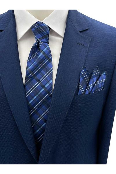 Brianze Blue and White Plaid Pattern Tie Handkerchief Set