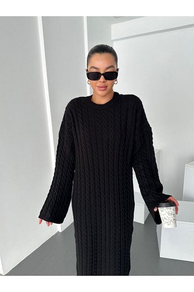 MODA DİNA Γυναικείο Μαύρο Πλεκτό Φόρεμα Με Σχέδιο Για Τον Χειμώνα