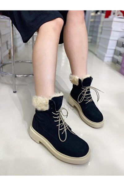 Büşra Sultan Ayakkabı & Çanta Kadın Siyah Süet Peluş Yünlü Rahat Kalıp İpli Bot