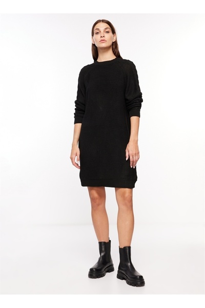 People By Fabrika Bisiklet Yaka Örgü Desenli Siyah Kısa Kadın Elbise FW23-22K...
