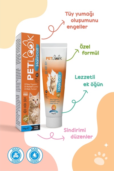 PetLook Kedi Maltı Hairball Tüy Yumağı Önlemeyi Destekleyen Kedi Maltı, Kedi Ödülü, Kedi Vitamini 115 GR