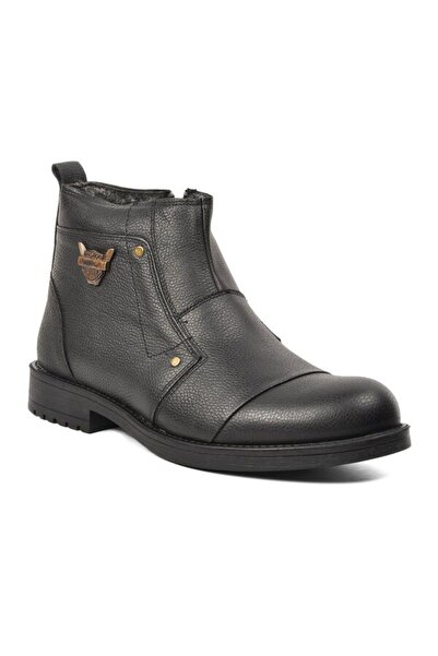 AYAKMOD Black Genuine Leather Men's Boots with Fur Inside
