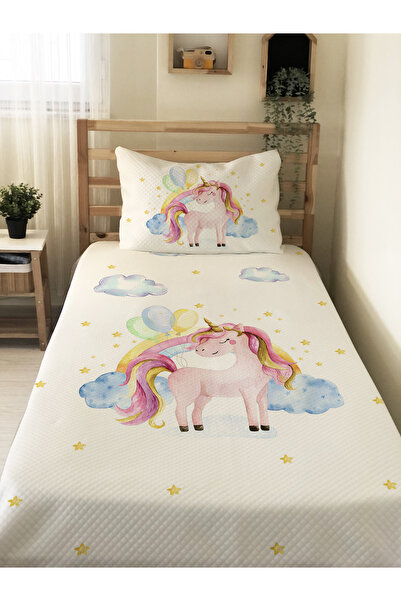 Evmila Unicorn Desenli Bebek Ve Çocuk Baskılı Tek Kişilik Pike Takımı 160x220...