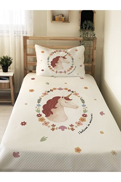 Evmila Unicorn Desenli Bebek Ve Çocuk Baskılı Tek Kişilik Pike Takımı 160 X 2...