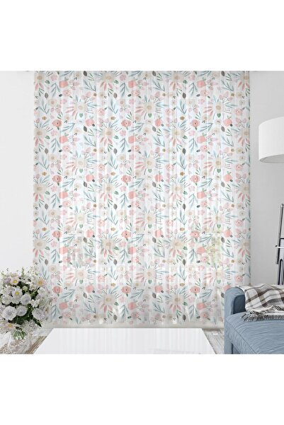 Evmila Baskılı Bebek Ve Çocuk Odası 140x260 Cm Çiçek Desenli Tül Perde - Beyaz