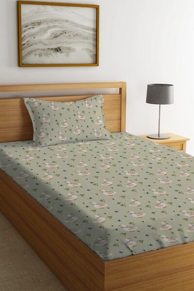 Evmila Kaz Desen Baskılı Tek Kişilik Lastikli Çarşaf Seti Yeşil