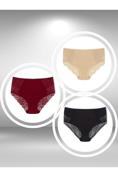 ŞahTan Cotton Large Size 3 Pack Women's Panties with Lace on the Front and Back