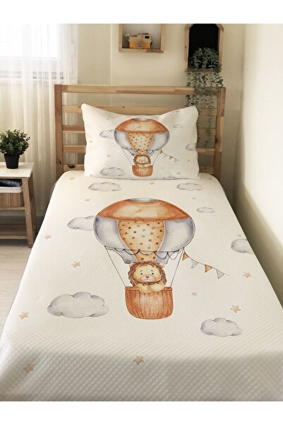 Evmila طقم بيكيه فردي مطبوع عليه أسد يركب بالونا مقاس 160 × 220 سم أبيض