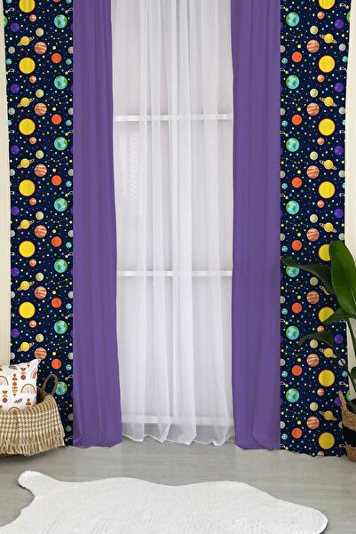 milroma Κουρτίνα φόντου παιδικού δωματίου με διαστημικό σχέδιο-μωβ