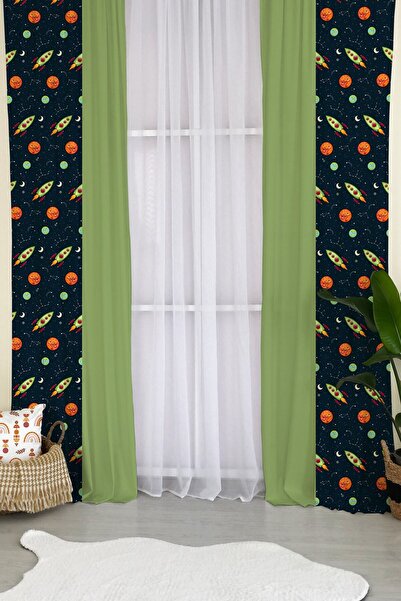 milroma Κουρτίνα φόντου παιδικού δωματίου με διαστημικό σχέδιο-πράσινο