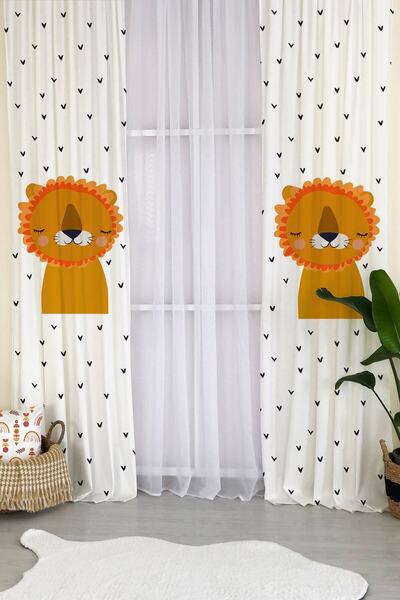 Evmila Milroma Aslan Desen Kadife Bebek Ve Çocuk Odası Fon Perde - Beyaz