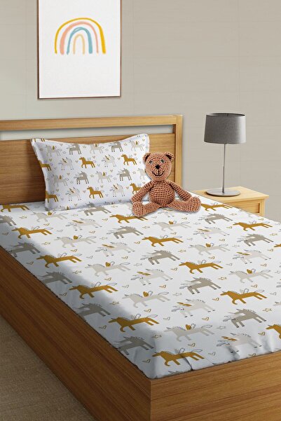 Evmila طقم ملاءة مطاطية مطبوعة بنمط وحيد القرن مقاس مفرد وطفل باللون الأبيض