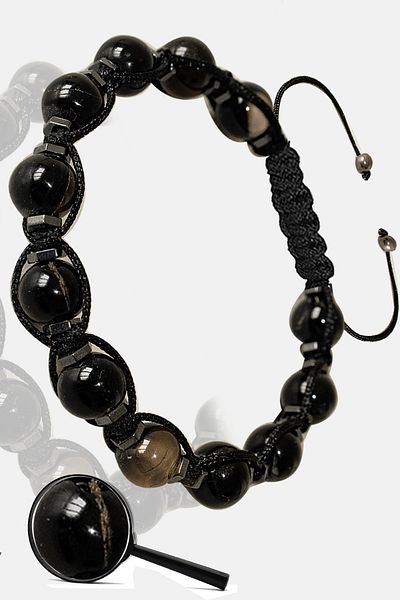 Tesbih Atölyesi Certified Black Eye Agate Stone Bracelet - Macrame