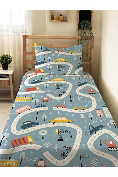 Evmila Yol Ve Araba Desenli Bebek Ve Çocuk Baskılı Tek Kişilik Pike Takımı 16...