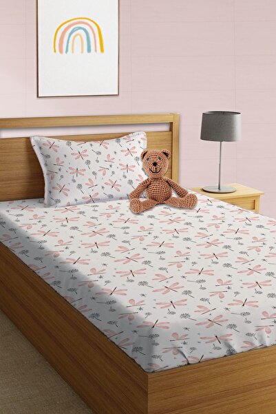 Evmila Çiçek Desen Baskılı Tek Kişilik Lastikli Çarşaf Seti Beyaz