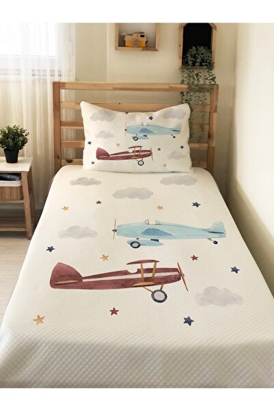 Evmila طقم بيكيه فردي مطبوع عليه طائرة للأطفال والرضع مقاس 160 × 220 سم باللو...