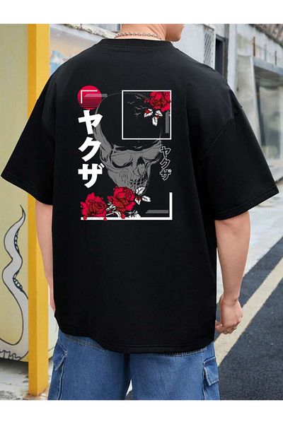 DEEPSENCE Unisex Square Rose Back Printed Oversize Black T-shirt