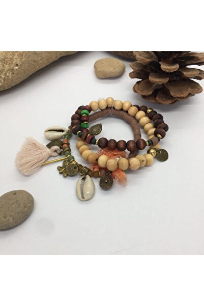 Porsuk Alternatif El Yapımı Etnik Otantik Hippi Bohem Lastikli 3 Lü Bileklik