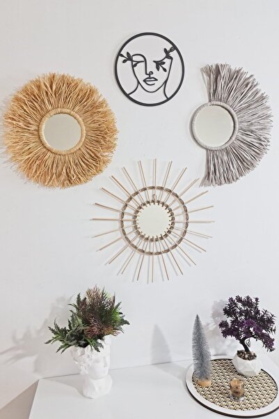 Bubihome Gri Rafya & Bambu Ayna & Bohem Pano 4'lü Set