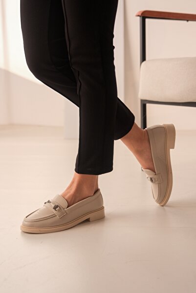 DİVOLYA Nardo Bej Tokalı Deri İnce Taban (3cm) Loafer Kadın Ayakkabı