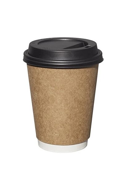 Miopack Karton Kağıt Bardak 14oz 350ml Kraft Çift Katlı Siyah Kapaklı 100 Adet