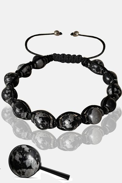 Tesbih Atölyesi Certified Real Hematite - Snowy Obsidian Stone Bracelet - Adjustable