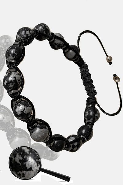 Tesbih Atölyesi Certified Real Hematite - Snowy Obsidian Stone Bracelet - Adjustable