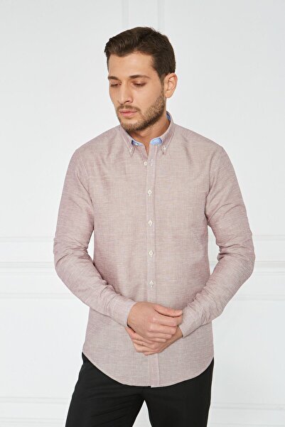 Paşahan Giorgianni Бордовий комір на ґудзиках, лляна сорочка Slim Fit з ганчіркою