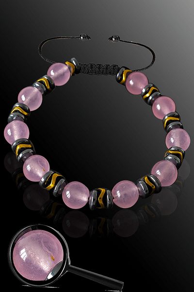 Tesbih Atölyesi Certified Shiny Hematite - Pink Quartz Stone Bracelet - Adjustable