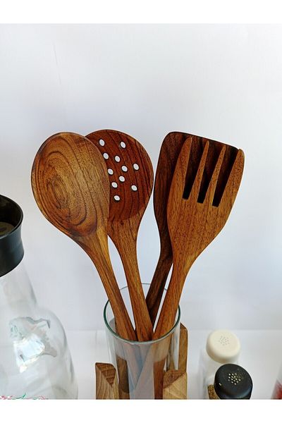 AYSAN Wooden Spoon & Walnut 4-Piece Spoon Set and Spoon Holder