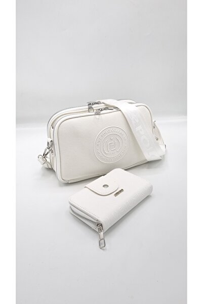 Just Polo Kadın Beyaz 5 Bölmeli El Ve Omuz Çantası Ve Cüzdan Kombini Gofraj B...
