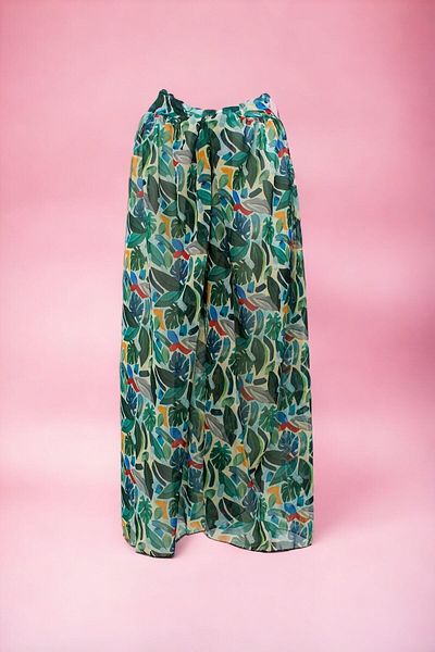 pistore Tropical Print Abstract Green Long Pareo Tie-Up Chiffon Women's Beach Dress New Season