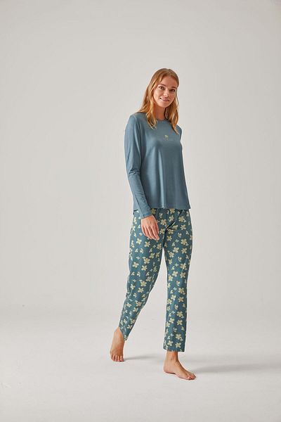Pamuk & Pamuk Viscose Women's Pajama Set - Dark Green Floral Printed, Crew Neck