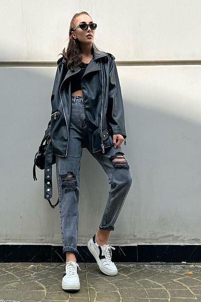 CIQULATA Black Zipper Belted Leather Jacket