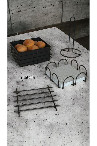 METALAY Bread Holder Towel Holder Napkin Holder Trivet Bread Dish Black Stainless Kitchen Presentation Set of 4