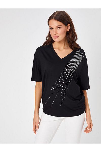 Faik Sönmez Stone Trok Decorated Blouse Form V-Neck T-Shirt 68634