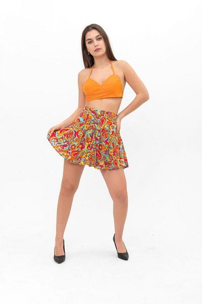 Lunaberry Summer Mini Short Skirt Soft Woven Viscose Printed High Waist, Elastic Back Waist